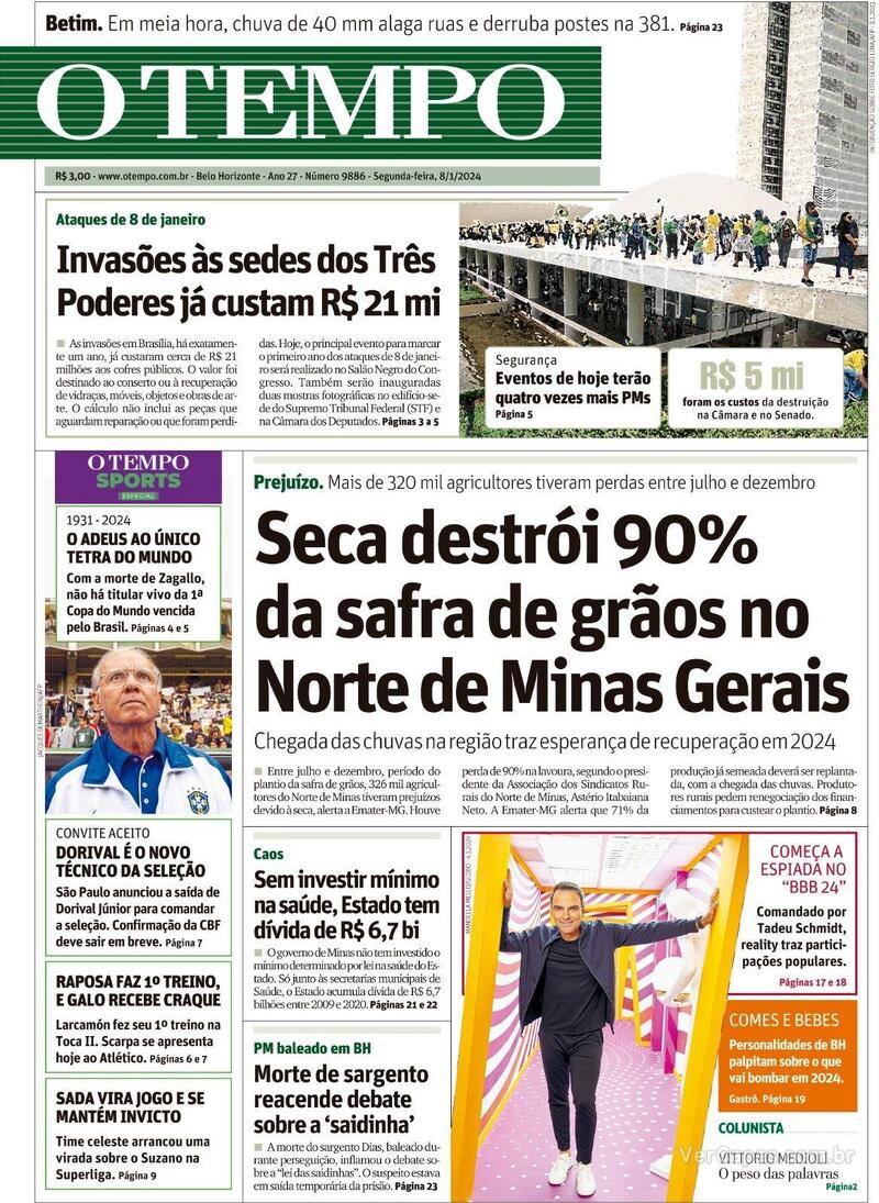 Capa O Tempo Edição Segunda, 8 De Janeiro De 2024