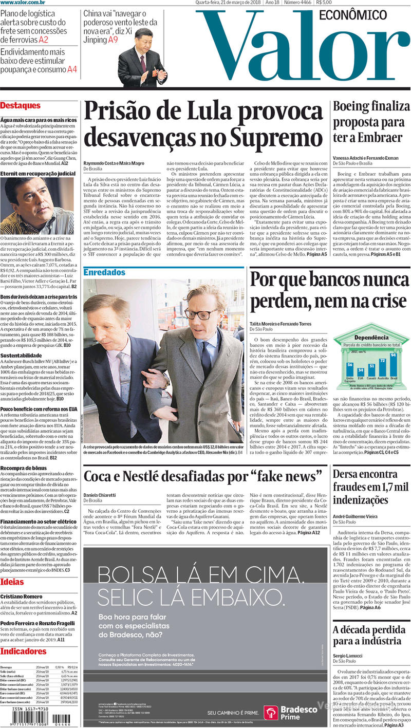 Capa do jornal Valor Econômico 21/03/2018