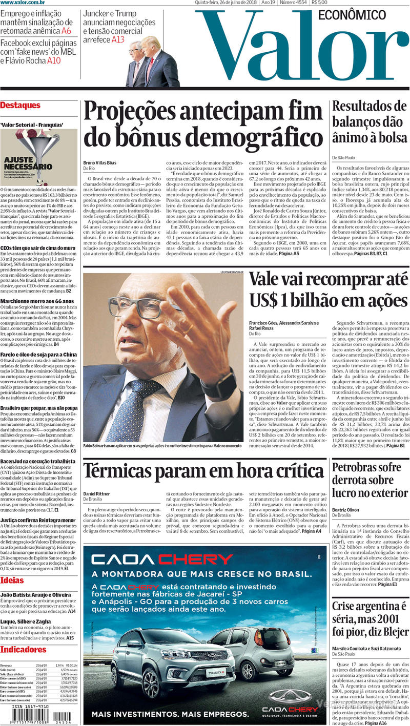 Capa do jornal Valor Econômico 26/07/2018