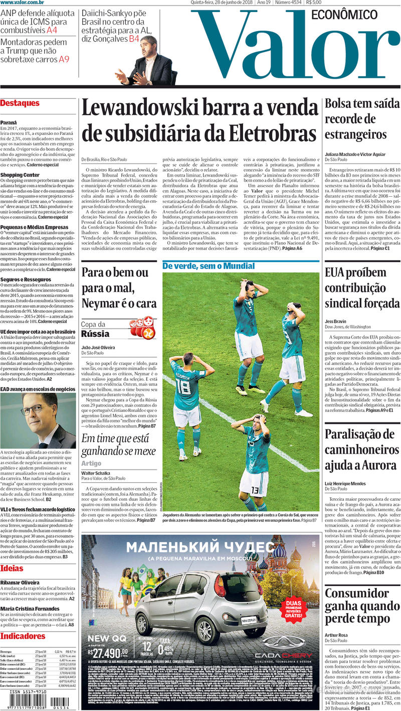 Capa do jornal Valor Econômico 28/06/2018