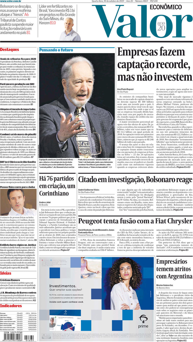 Capa do jornal Valor Econômico 30/10/2019