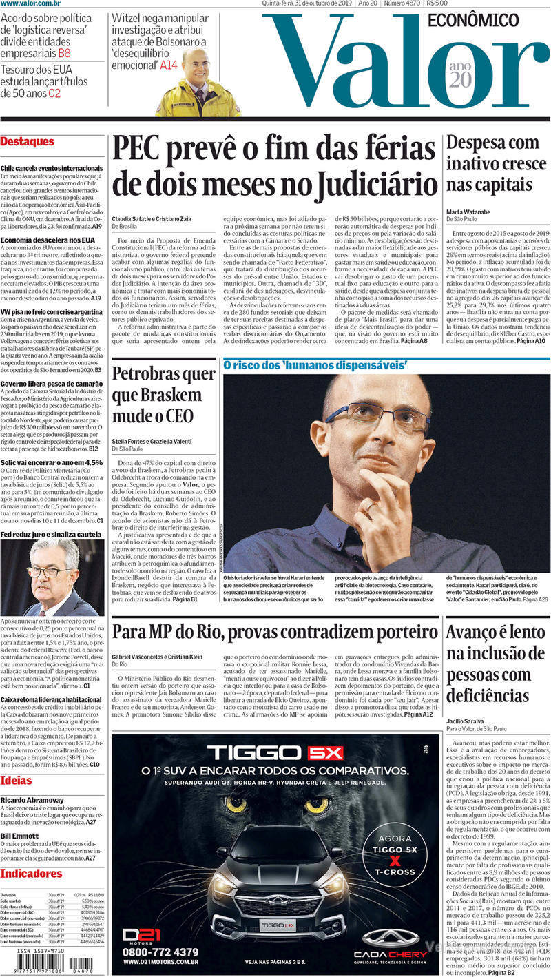 Capa do jornal Valor Econômico 31/10/2019