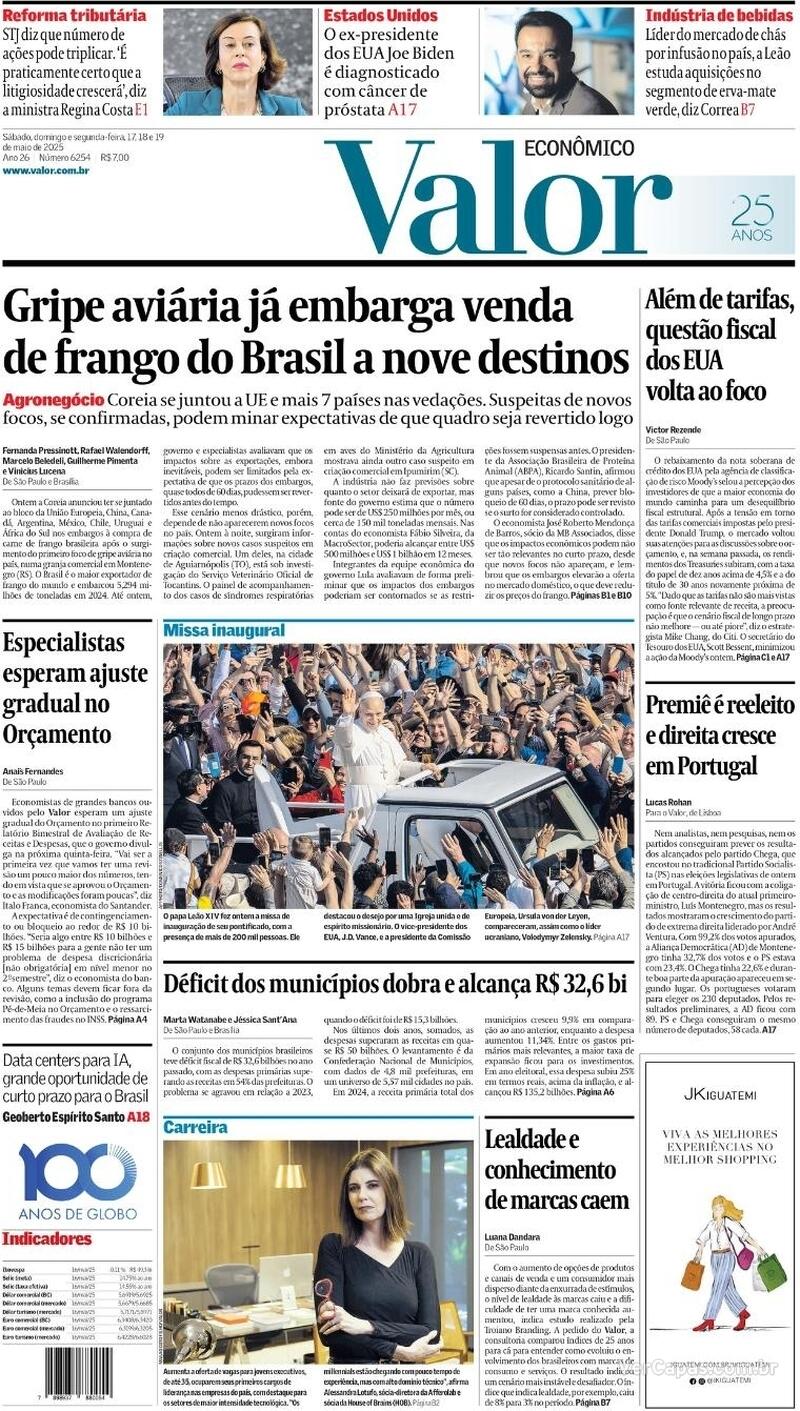 Capa do jornal Valor Econômico 19/05/2025