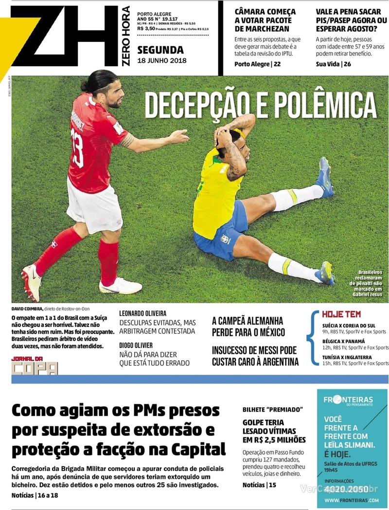 Capa do jornal Zero Hora 18/06/2018