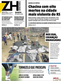 Capa do jornal Zero Hora 20/06/2018