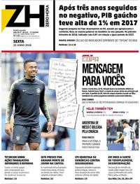 Capa do jornal Zero Hora 22/06/2018