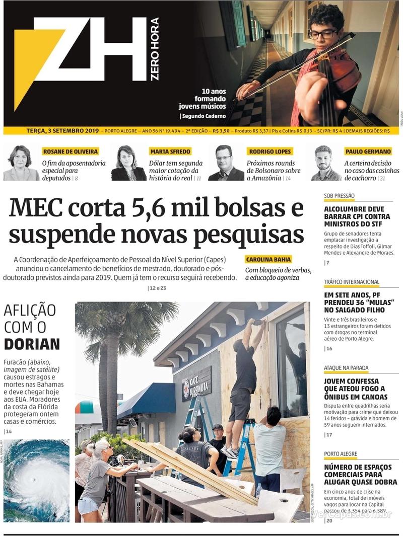 Capa do jornal Zero Hora 03/09/2019