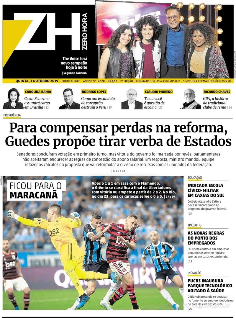 Capa do jornal Zero Hora 03/10/2019