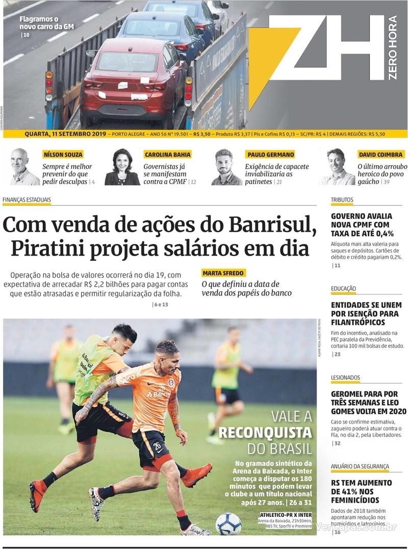 Capa do jornal Zero Hora 11/09/2019