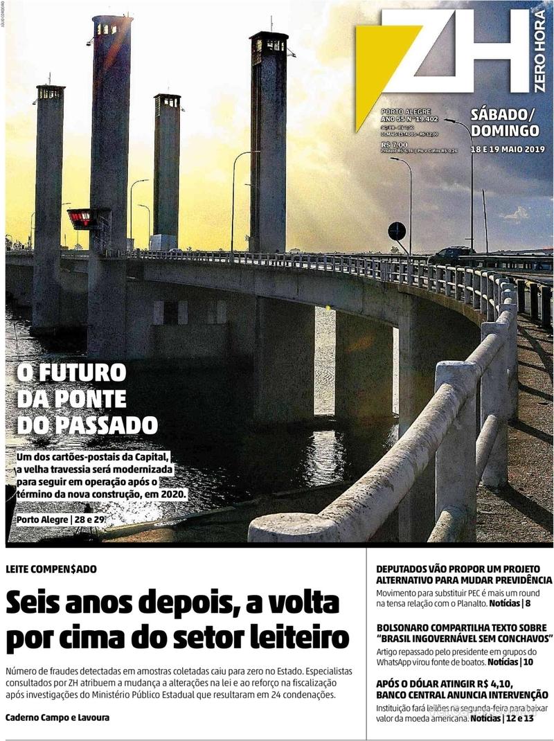 Capa do jornal Zero Hora 18/05/2019