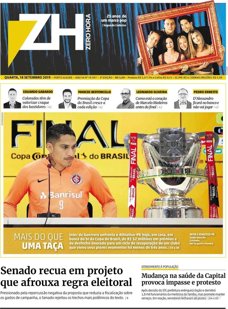 Capa do jornal Zero Hora 18/09/2019
