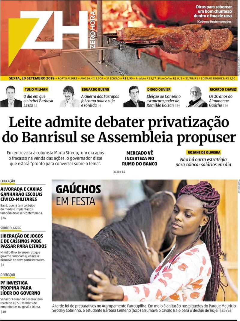 Capa do jornal Zero Hora 20/09/2019