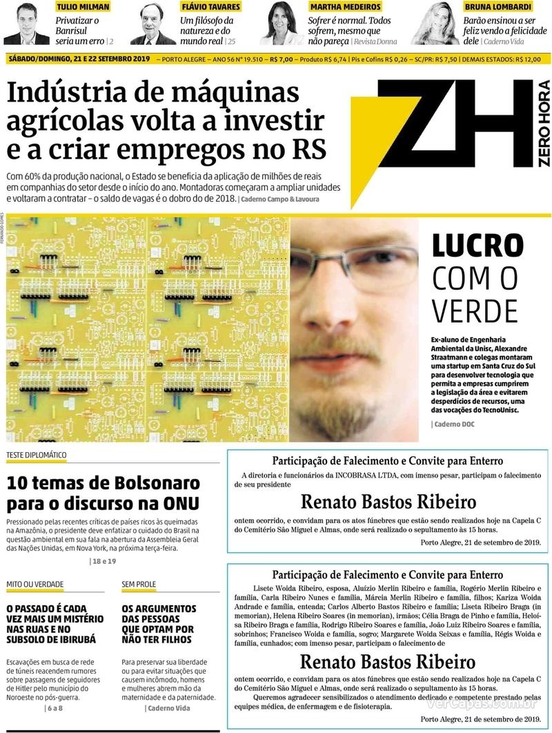 Capa do jornal Zero Hora 21/09/2019