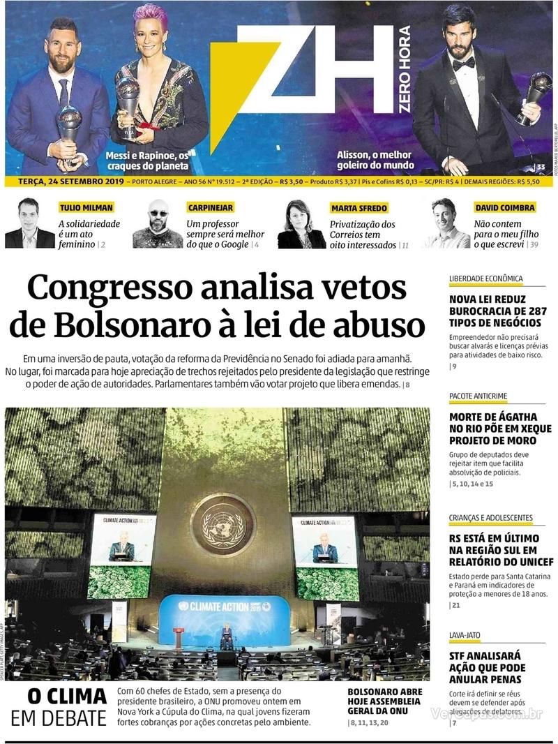 Capa do jornal Zero Hora 24/09/2019