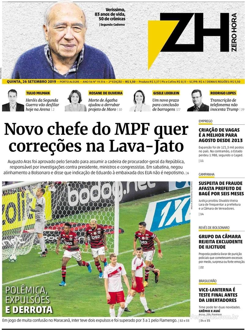 Capa do jornal Zero Hora 26/09/2019