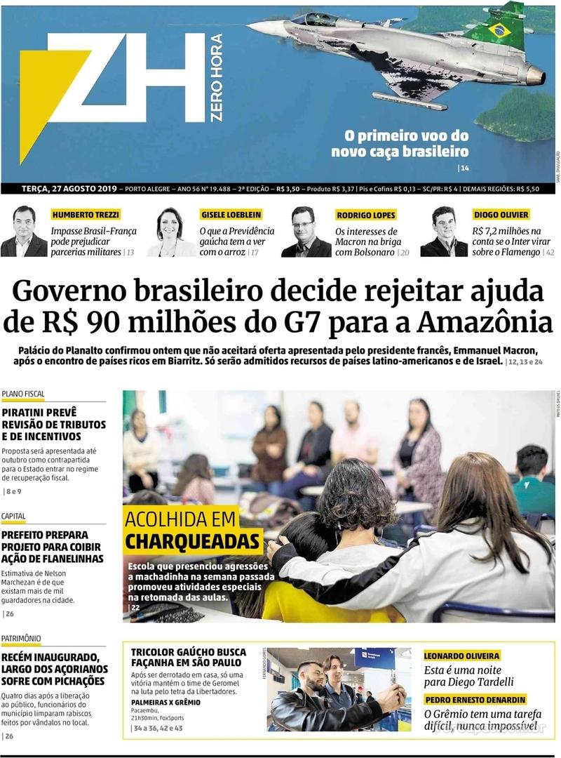 Capa do jornal Zero Hora 27/08/2019