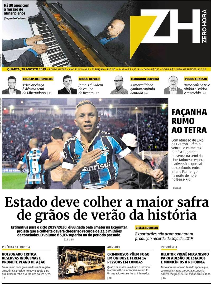 Capa do jornal Zero Hora 28/08/2019