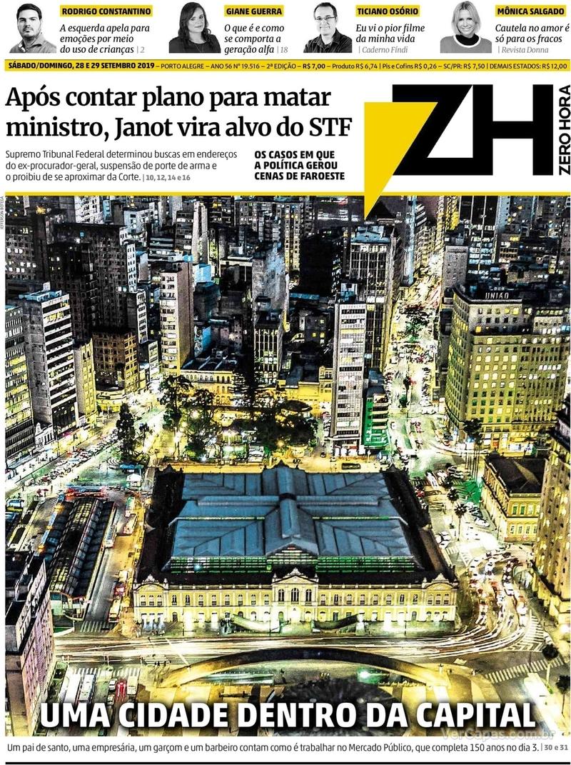 Capa do jornal Zero Hora 28/09/2019