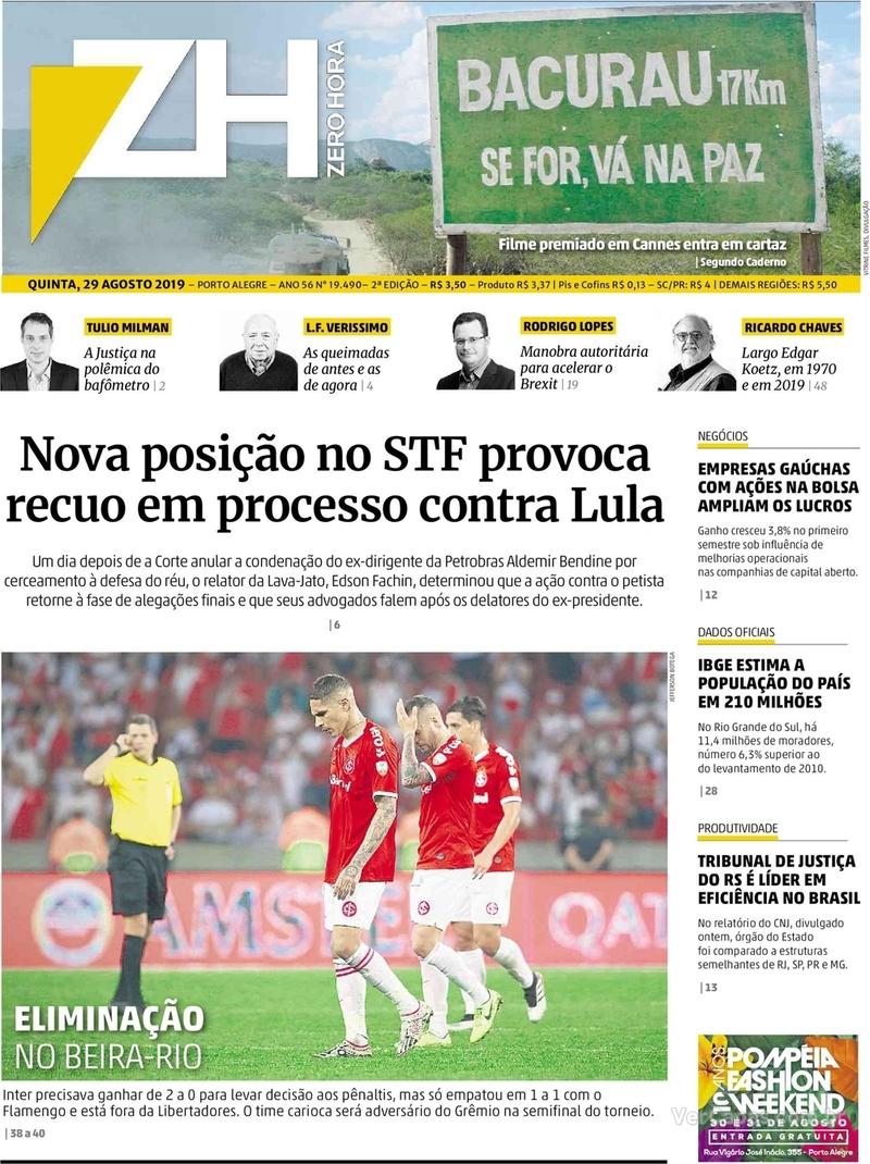 Capa do jornal Zero Hora 29/08/2019