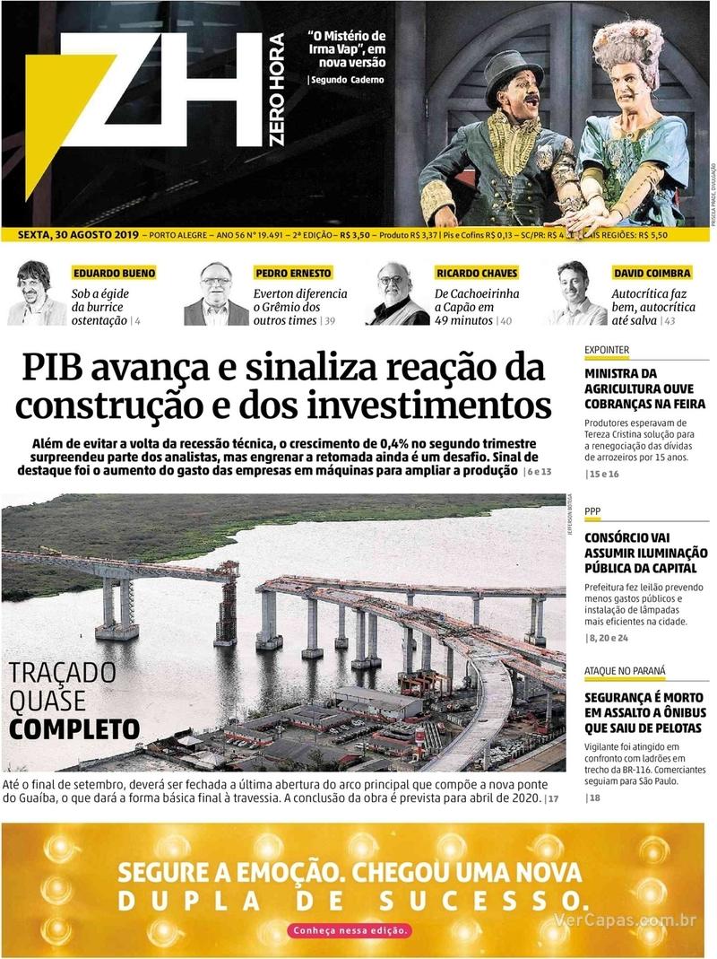 Capa do jornal Zero Hora 30/08/2019