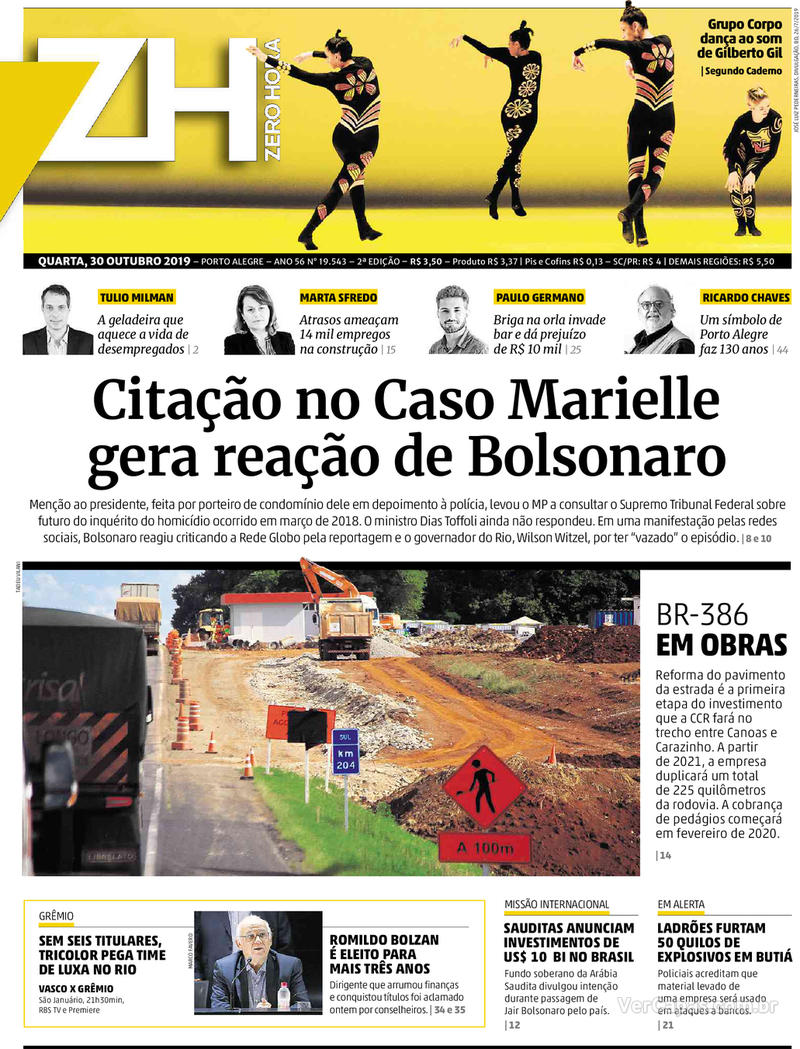 Capa do jornal Zero Hora 30/10/2019