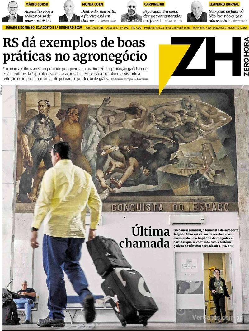 Capa do jornal Zero Hora 31/08/2019