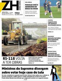 Capa do jornal Zero Hora 25/06/2019
