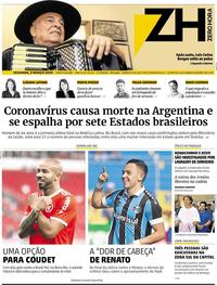Capa do jornal Zero Hora 09/03/2020