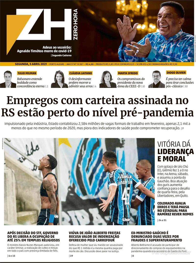 Capa do jornal Zero Hora 05/04/2021