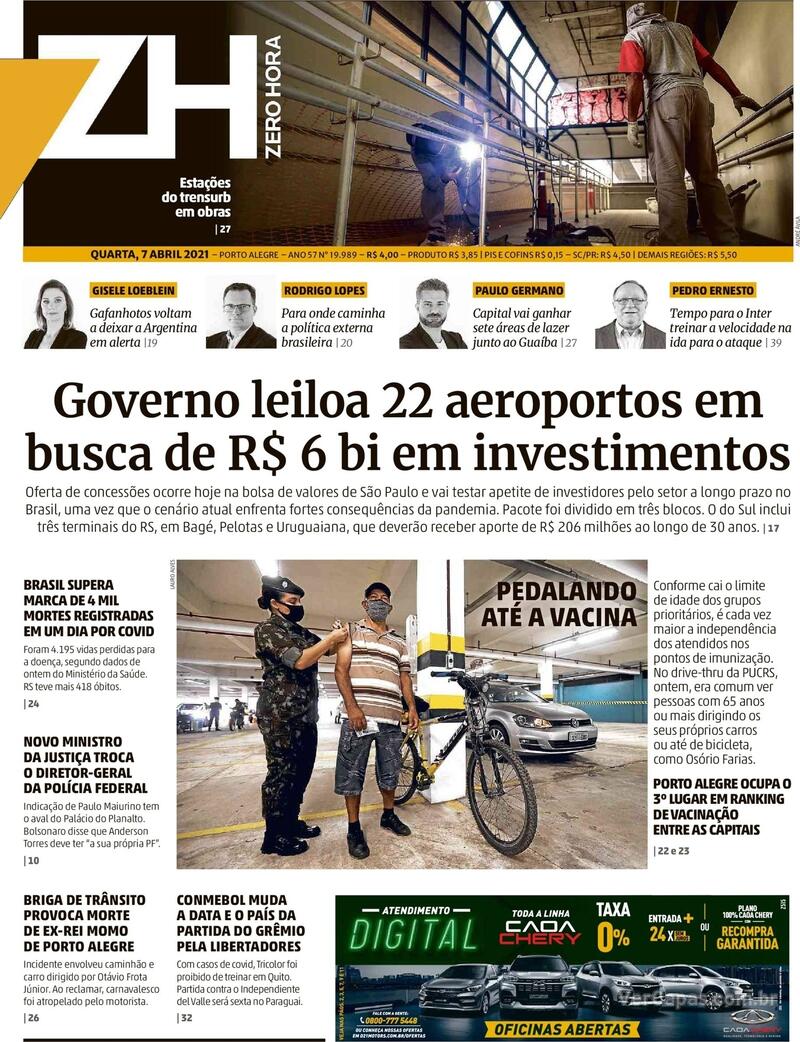 Capa do jornal Zero Hora 07/04/2021