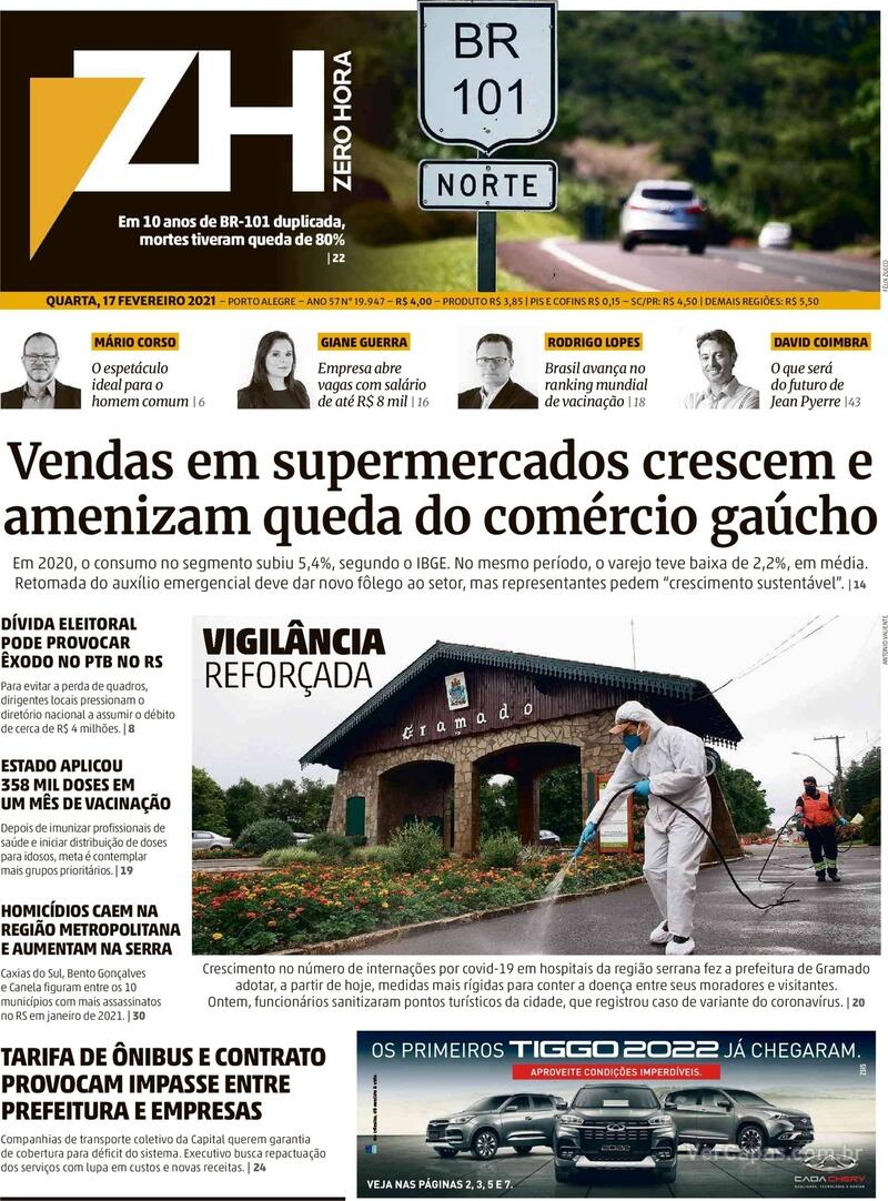 Capa do jornal Zero Hora 17/02/2021