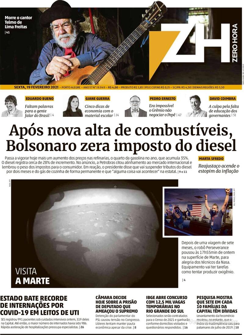 Capa do jornal Zero Hora 19/02/2021