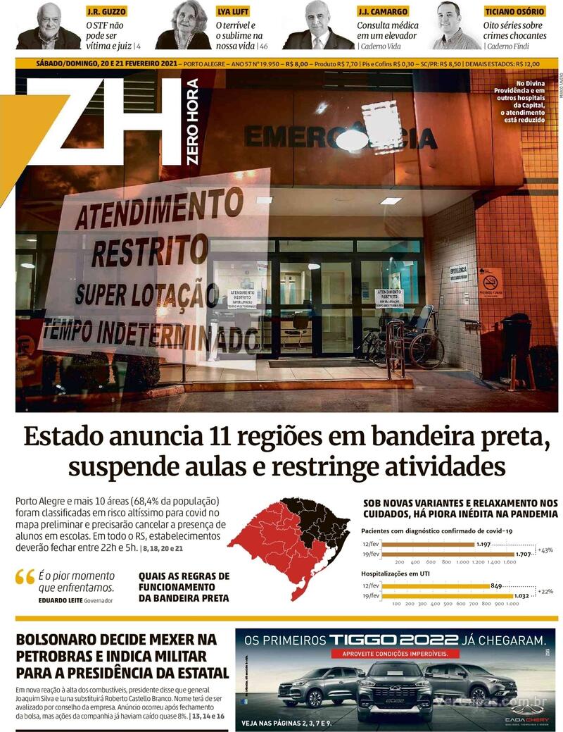 Capa do jornal Zero Hora 20/02/2021