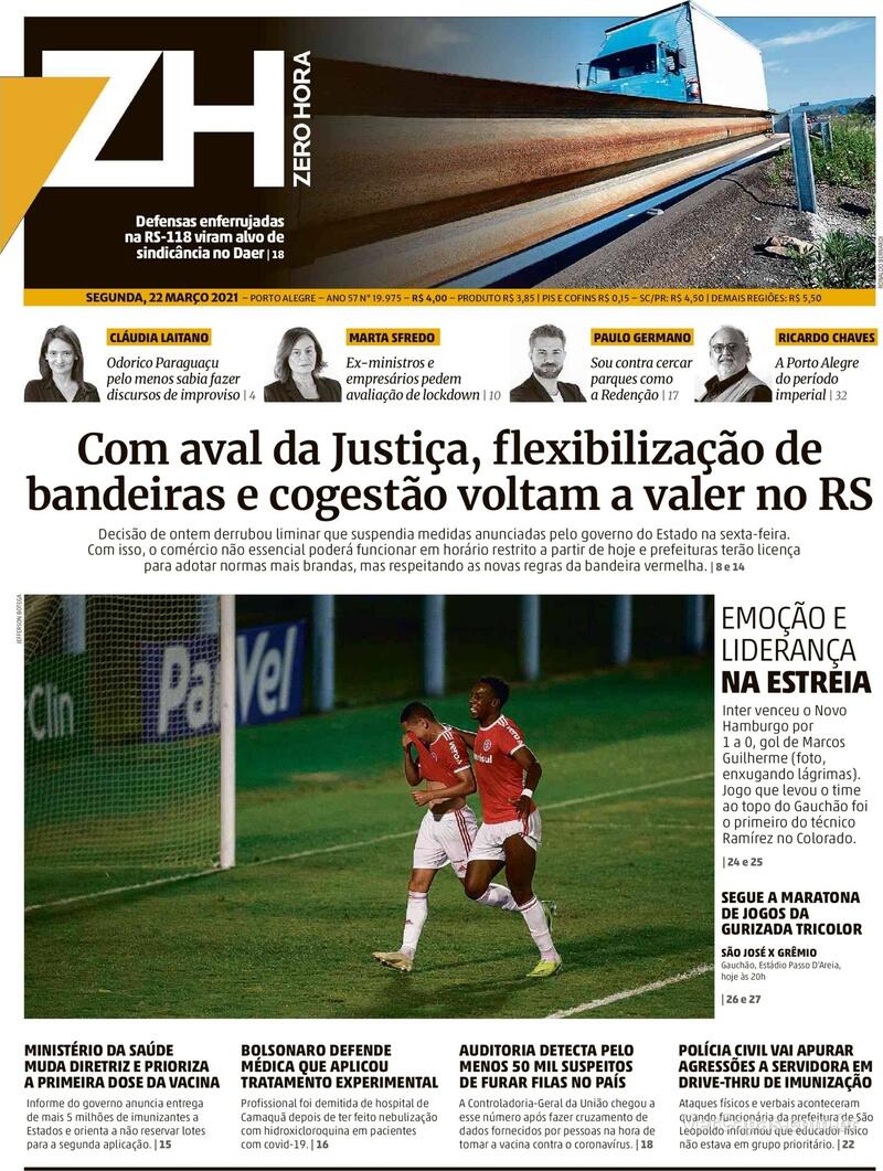 Capa do jornal Zero Hora 22/03/2021