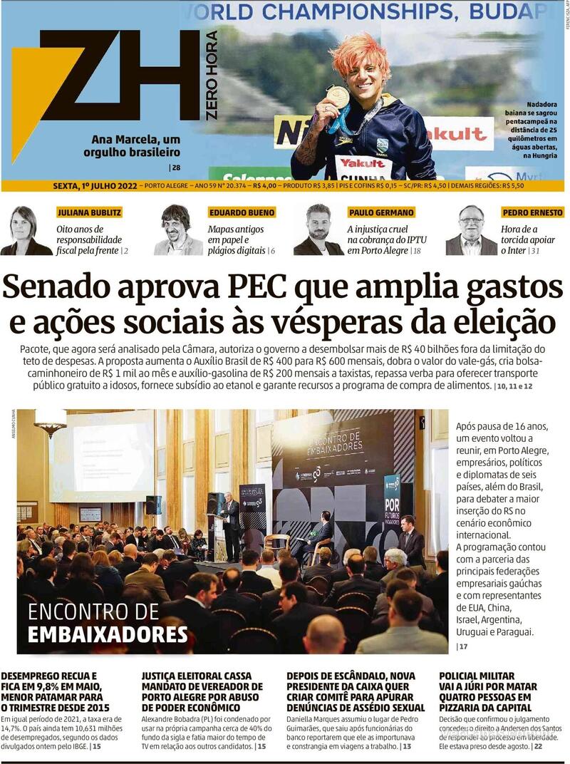 Capa do jornal Zero Hora 10/08/2019