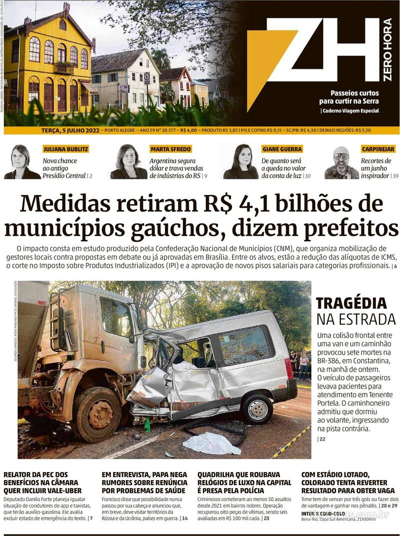 Capa do jornal Zero Hora 15/02/2021