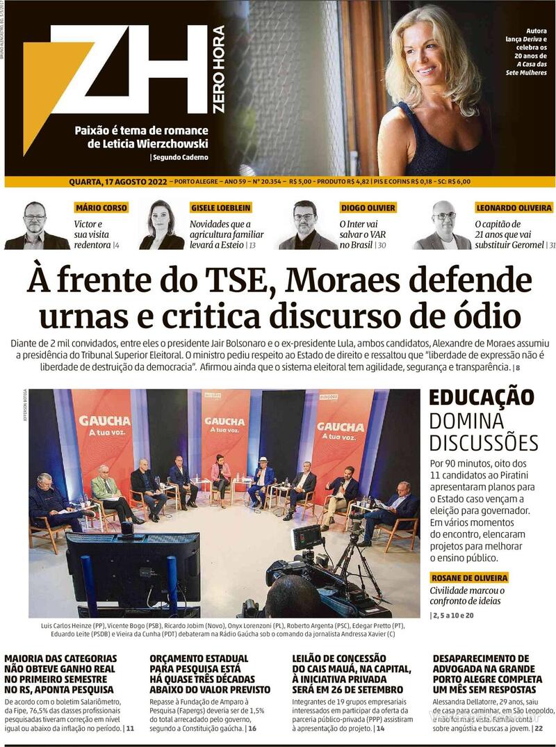 Capa do jornal Zero Hora 14/09/2019