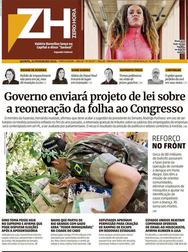 Capa do jornal Zero Hora 22/02/2024