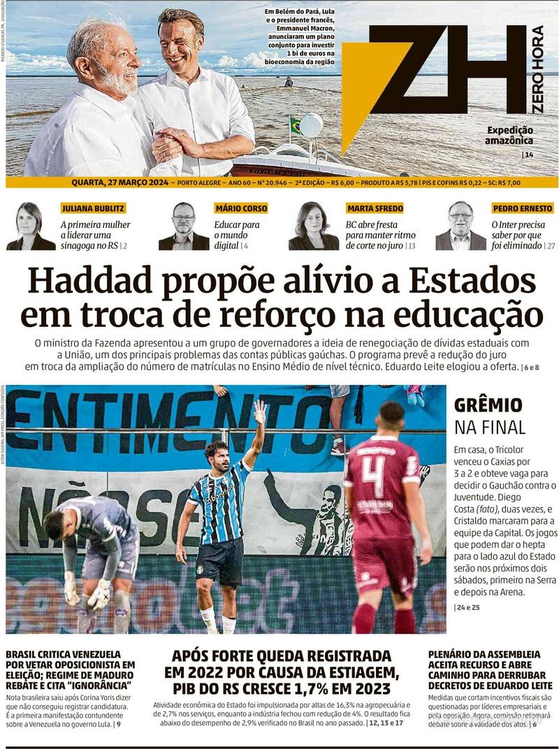 Capa do jornal Zero Hora 27/03/2024