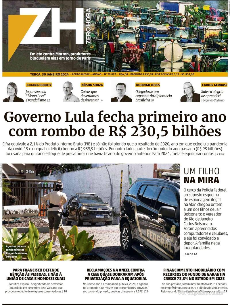 Capa do jornal Zero Hora 30/01/2024