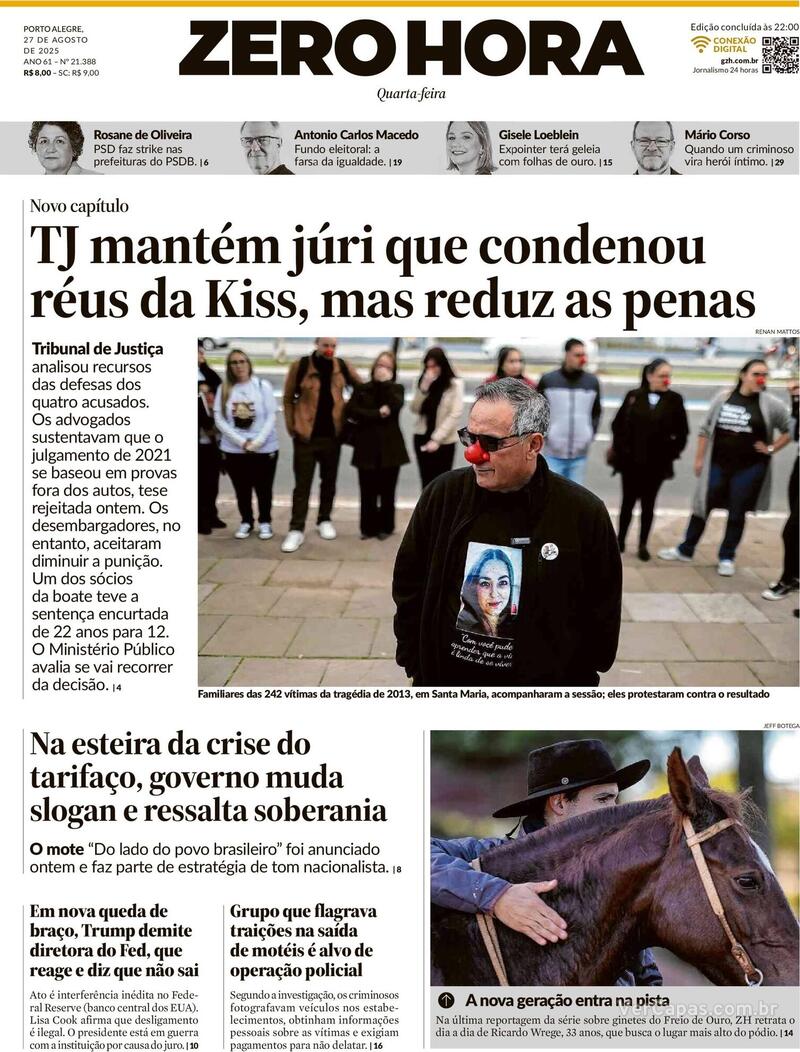Capa do jornal Zero Hora 27/08/2025